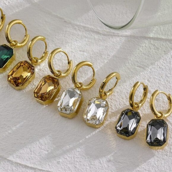 Rectangular Cubic Zirconia Champagne Hoop Earrings Gold PVD Stainless Steel - Picture 5 of 6